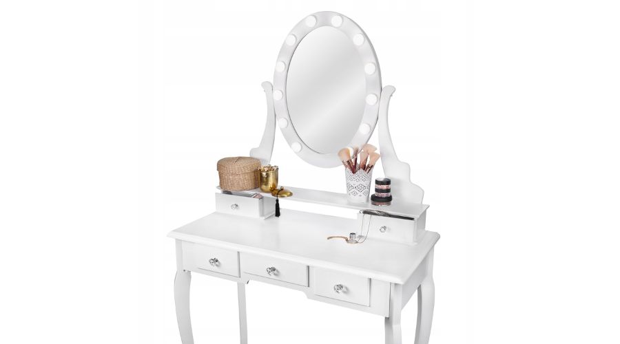 Toaletka kosmetyczna z lustrem LED - biała i stołkiem